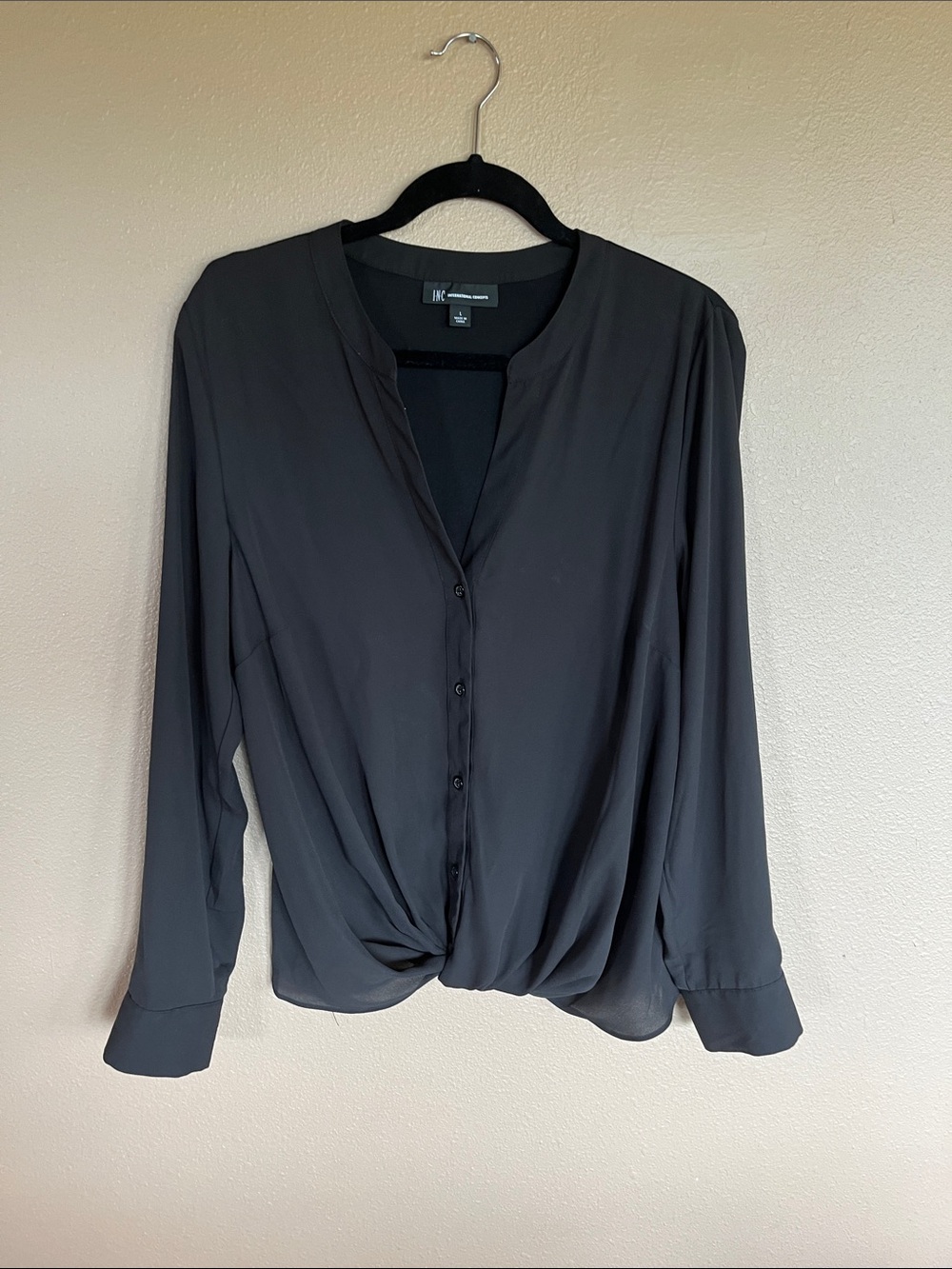 INC International Concepts Black Twist-Front Button-Down Blouse
